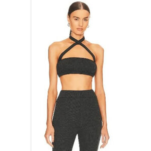 NWT WeWoreWhat Tie Halter Bra Top Women's S Black Ribbed Bandeau Crisscross‎